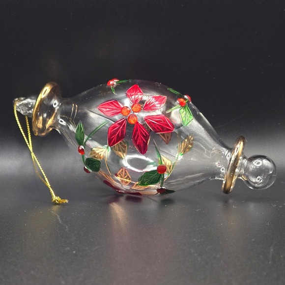 Hand Blown Painted Glass Christmas Ornament Poinsettia Holly Berries Gold Trim - Picture 3 of 5